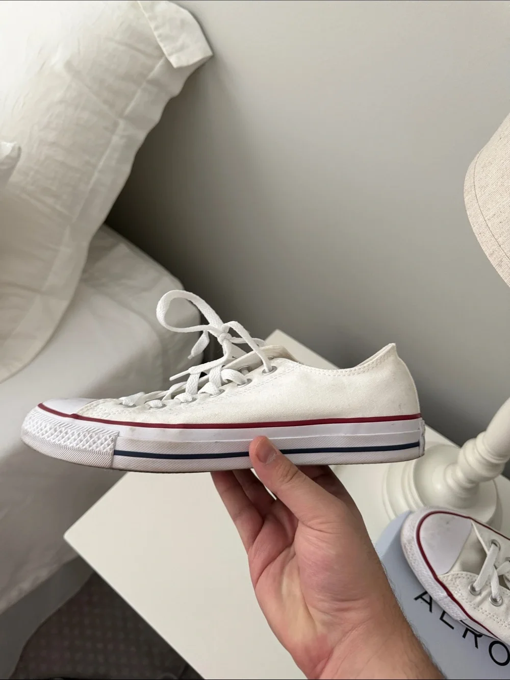 Converse White Canvas Low-Top Sneakers with Red Heel Stripe - Picture 4 of 10